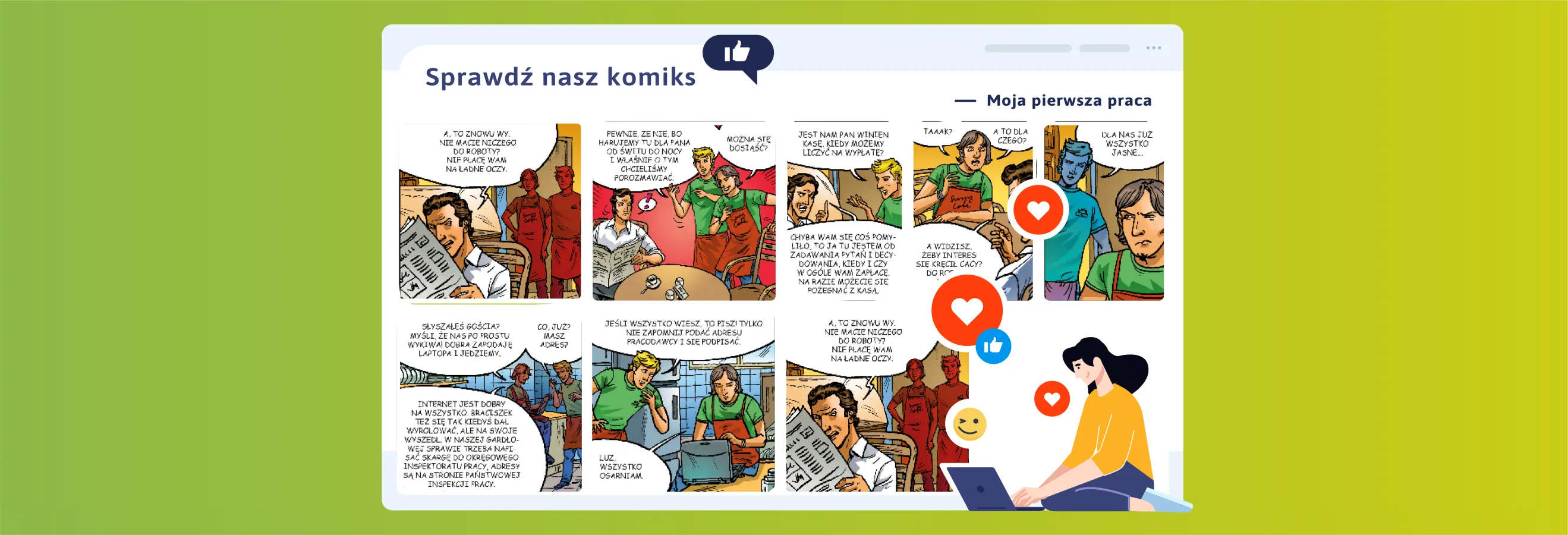 Kolaż grafik z komiksu Moja pierwsza praca